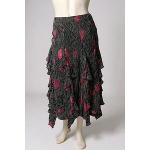 Vintage Y2K Jones New York Floral Silk Ruffle Midi Skirt Black & Pink Size 4